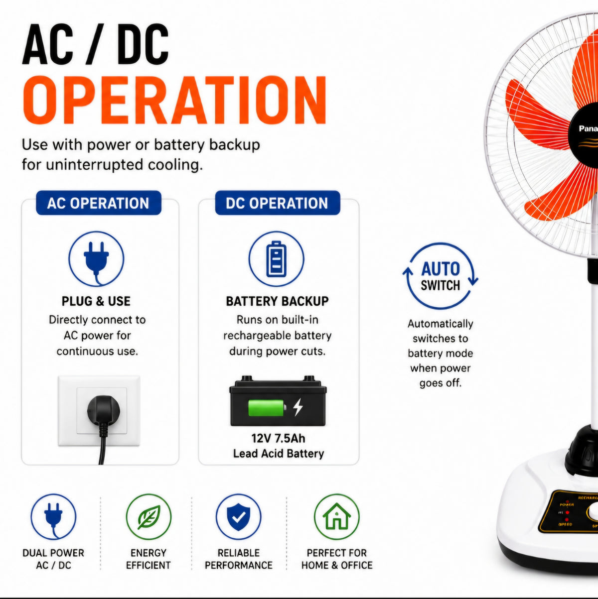 Orin 18" Rechargeable AC/DC Fan with Light – New Model