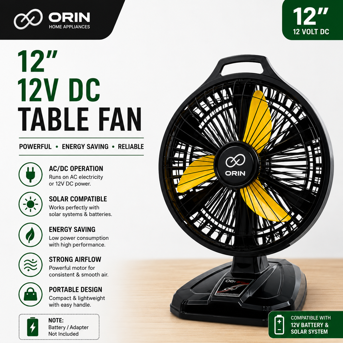 Orin 12V Solar Table Fan - DC fan front view