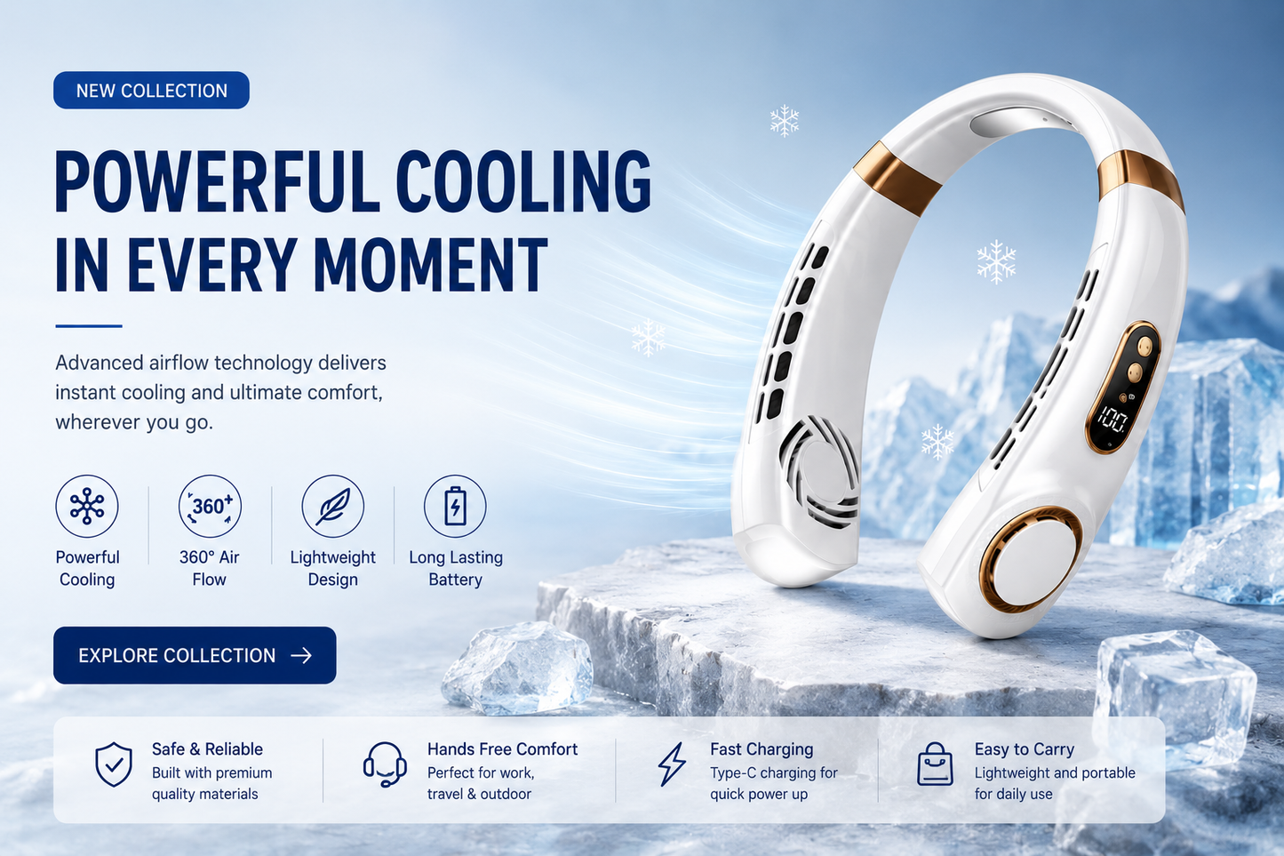 Orin Portable Bladeless Neck Fan – Rechargeable 5-Speed Wearable Cooling Fan with Digital Display