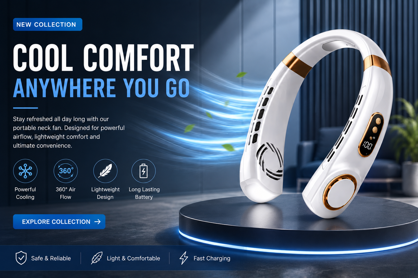 Orin Portable Bladeless Neck Fan – Rechargeable 5-Speed Wearable Cooling Fan with Digital Display