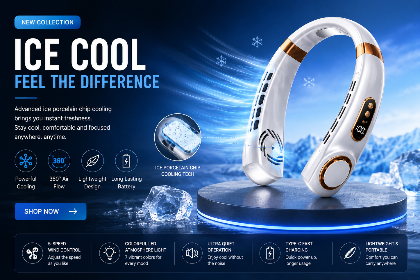 Orin Portable Bladeless Neck Fan – Rechargeable 5-Speed Wearable Cooling Fan with Digital Display