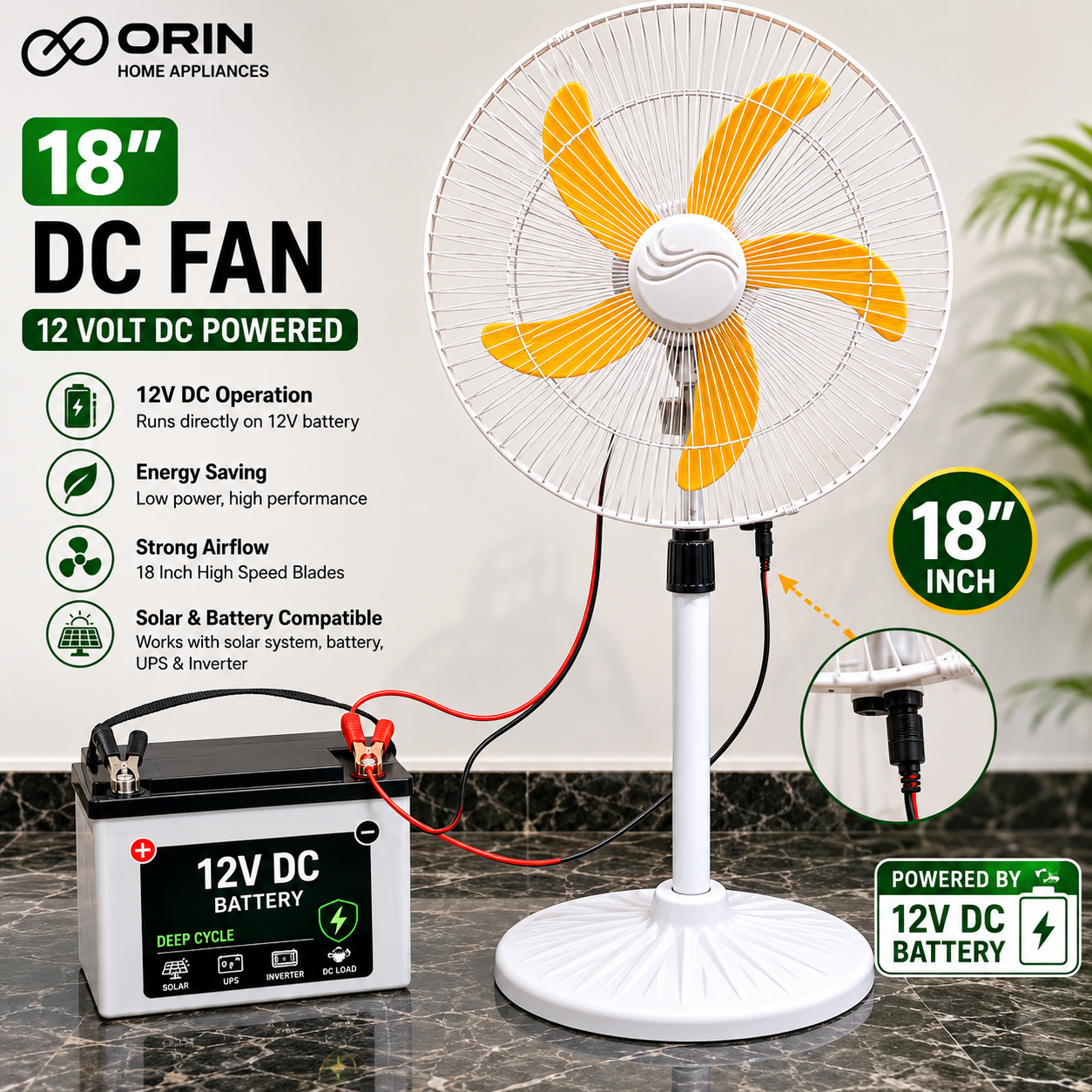 ORIN Solar DC Fan 18" – 12V High-Speed Cooling Fan (Without Adapter)