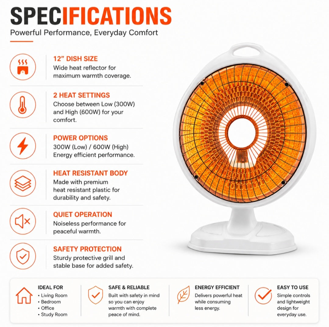 Orin 12 Inch Sun Dish Heater 600W - Sleek Design