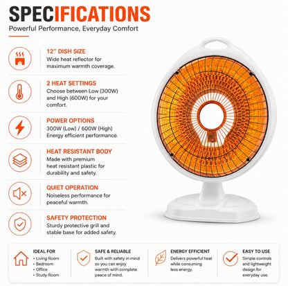 Orin 12 Inch Sun Dish Heater 600W - Sleek Design