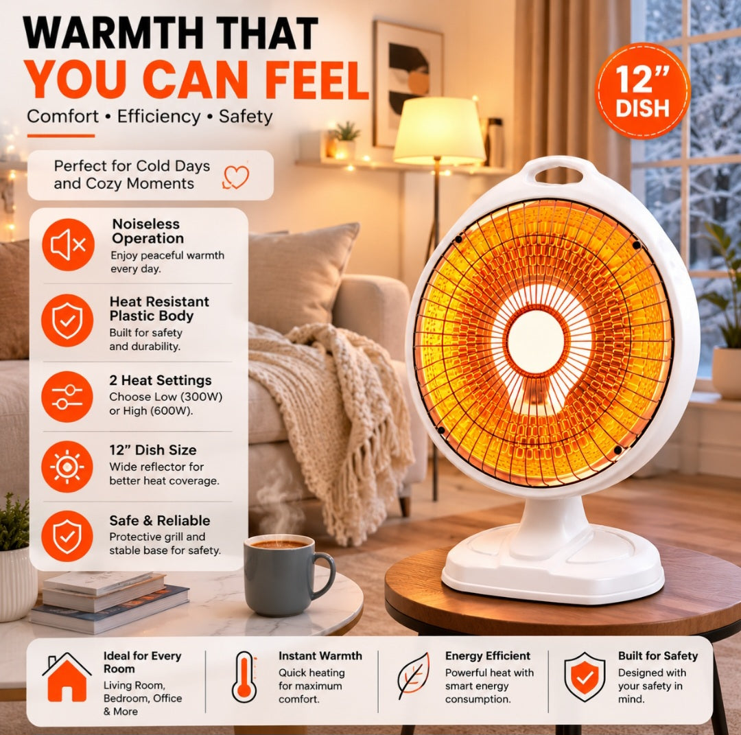 Orin 12 Inch Sun Dish Heater 600W - Sleek Design