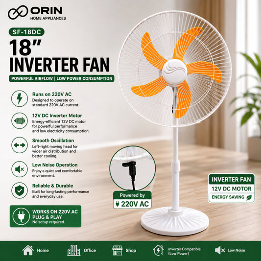 ORIN Inverter Fan 18" – High-Speed Energy-Saving Pedestal Fan with Powerful Airflow
