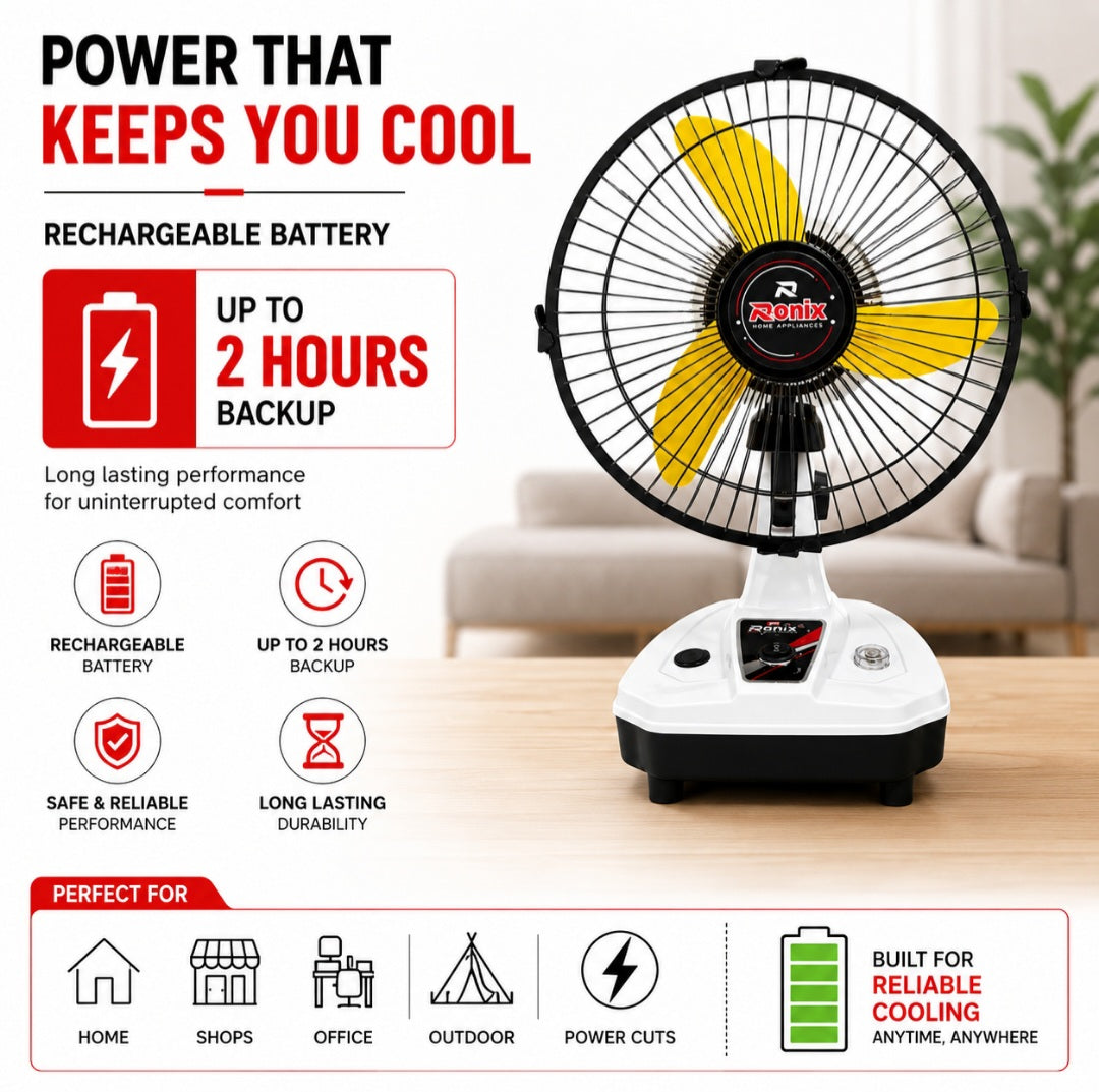 Orin 12" Rechargeable AC/DC Table Fan | 2 Speed | Oscillation | Pure Copper Motor