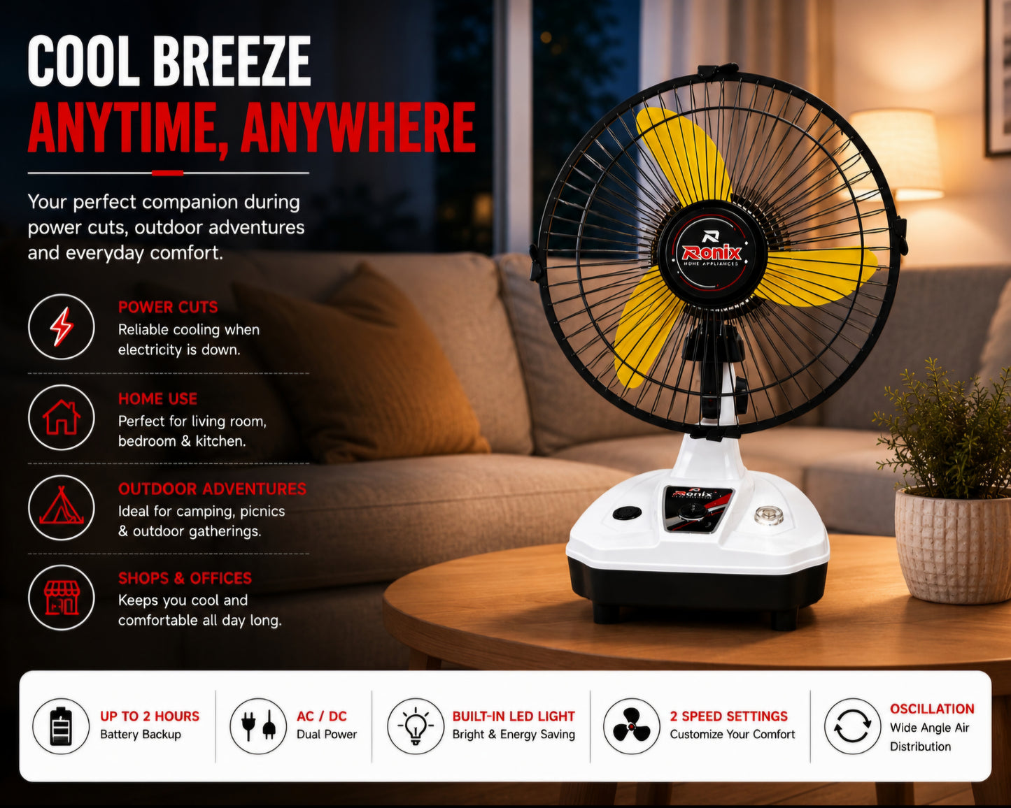 Orin 12" Rechargeable AC/DC Table Fan | 2 Speed | Oscillation | Pure Copper Motor