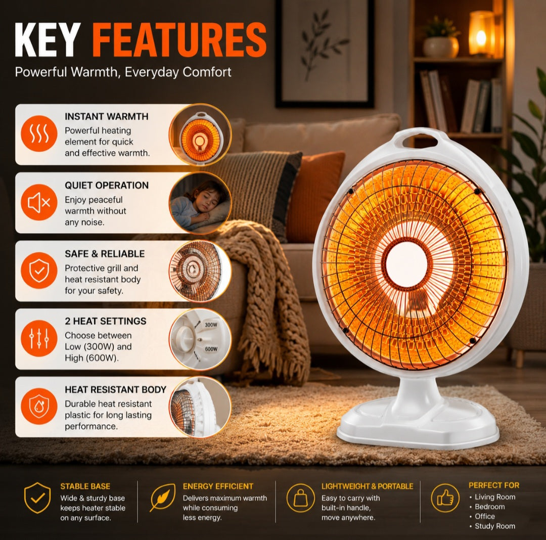 Orin 12 Inch Sun Dish Heater 600W - Sleek Design