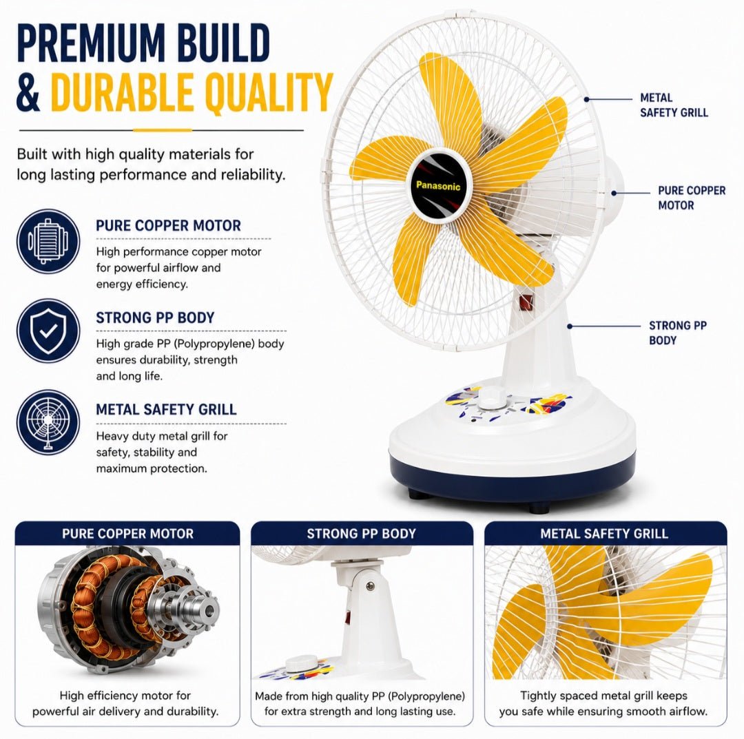 Orin 14" Rechargeable AC/DC Table Fan | 2 Speed | Oscillation | Pure Copper Motor