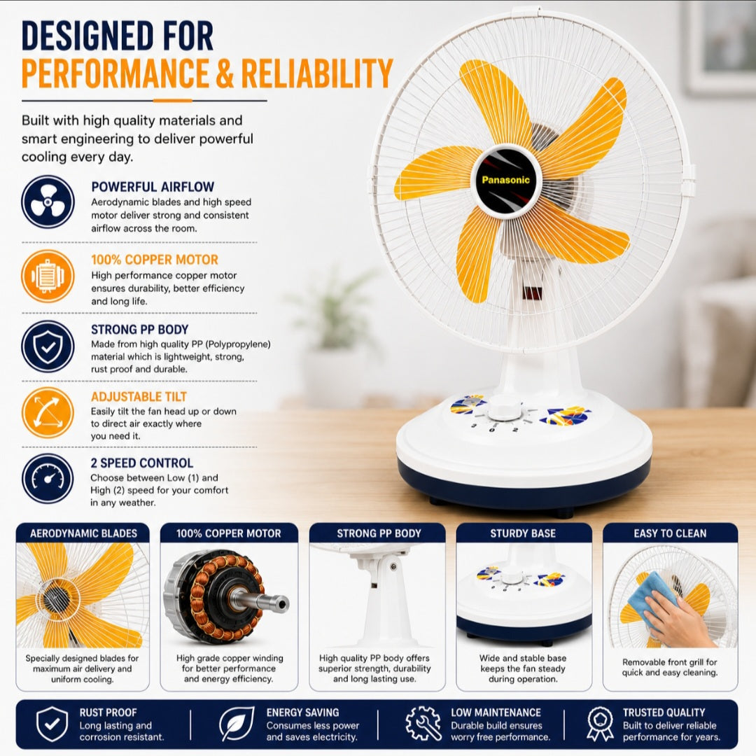 Orin 14" Rechargeable AC/DC Table Fan | 2 Speed | Oscillation | Pure Copper Motor
