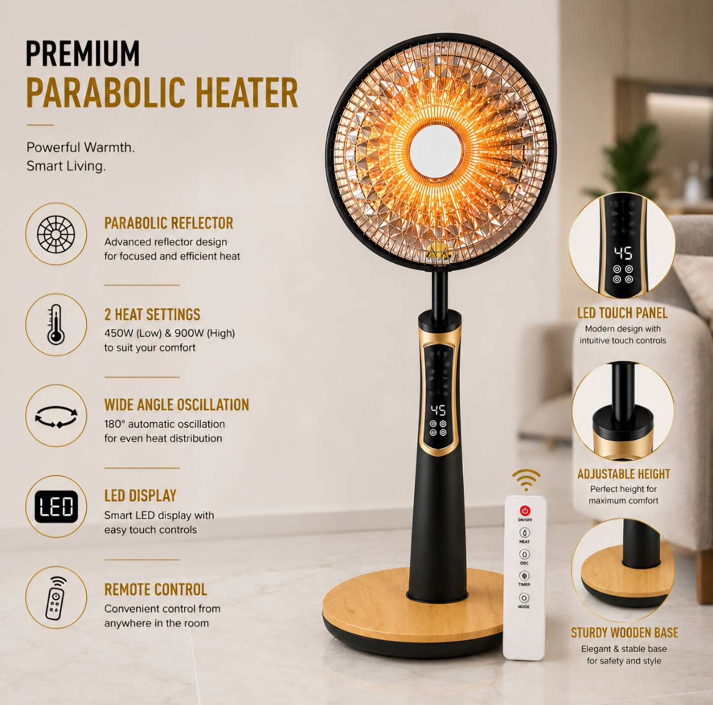 Premium 18 Inch Pedestal Rod Heater with Remote Control
